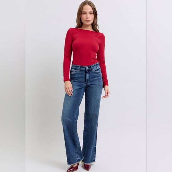 Judy Blue Mid-Rise Straight Leg Boyfriend Relaxed Jeans Raw Hem Denim Pants - Picture 7 of 16